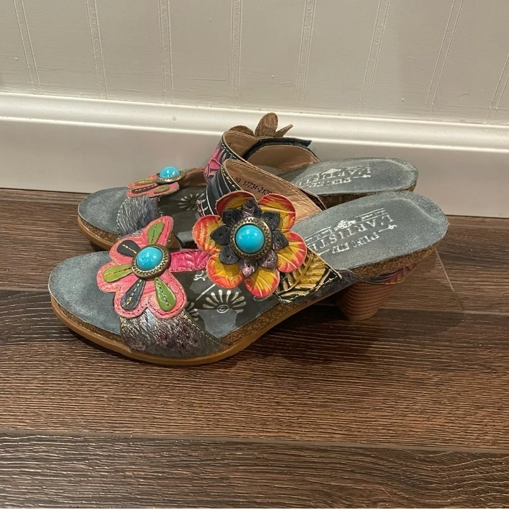L'Artiste by Spring Step Bari Tooled Leather Floral Boho Slide Sandals 8.5 - Picture 5 of 14